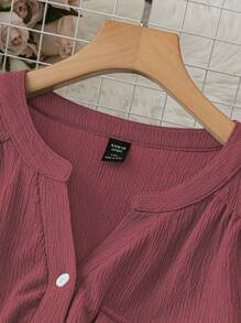Linhara Plus Size Women's Solid Color Cutout V-Neck Raglan Rolled Sleeve Casual Shirt - Hot Pink - View 5