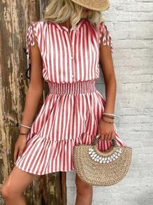 Calvaya Blue & White Striped Summer Dress With Shoulder Ruffle Bowknot And Waist Cinching For Women, Cotton