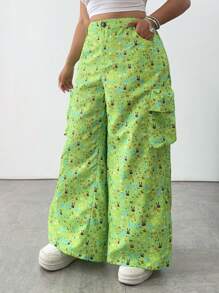 POPSWAY Plus Size Baggy Pants, Summer, Vintage American Style Green Ditsy Floral Multi-Pocket Cargo Pants, Unique Design Casual Trousers For Spring & Summer Fall Cloth For Women - Green - View 3