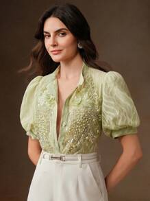 Anewsta Blusa corta de mujer elegante francesa artesanal con mangas abombadas decorada con cuentas y cristales, color verde