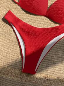 SHEIN Swim Women's Solid Color Halter Tie Sexy Bikini Swimsuit Set, Summer Beach - Burgundy - View 3