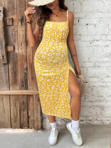 Boho Mama Daisy Print Split Strap Vacation Beach Maternity Dress, Suitable For Summer - Yellow - View 6