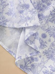 SHEIN 夏季女宝宝节日风荷叶边袖连衣裙，兔子和花卉印花，可爱清新 - 紫色 - 查看 3