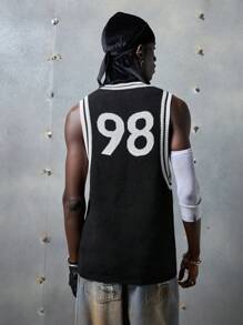 NEON BLANC Men's Street Fashion Knit Tank Top With Letters & Numbers, Sleeveless Crewneck Knitted Sweater Vest, Streetwear Inspired - Black - View 3