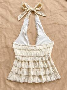 Soleia 女式针织波尔卡圆点纹理挂脖系带褶饰 V 领修身 A 字背心，适合派对、约会、婚礼、下午茶、性感修身、时尚上衣、西部风、音乐节、海滩、游轮、春夏度假 - 白色 - 查看 2