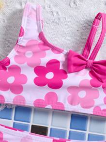 Baby Girl Floral Print Asymmetric Neckline Tankini Swimsuit, Random Print Patterns - Hot Pink - View 5