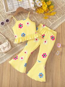 SHEIN Set di 2 pezzi con top a canottiera e pantaloni a zampa di elefante con stampa floreale, outfit casual e carino per ragazza, ideale per la Festa del Bambino e le vacanze estive