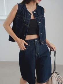Dazy-Less 女士休闲原色水洗牛仔背心和短裤套装，夏季商务休闲女装 - 中等水洗藍 - 查看 7