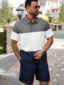 Manfinity Homme Men's Plus Size Summer Casual Contrast Color Patchwork Shirt And Shorts Set - Multicolor - View 1