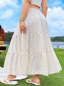 SHEIN EZwear Plus Size Ditsy Floral Ruffle Hem Casual Cottage Core Goth Wide Skirt For Women Vacation White Summer - Multicolor - View 2