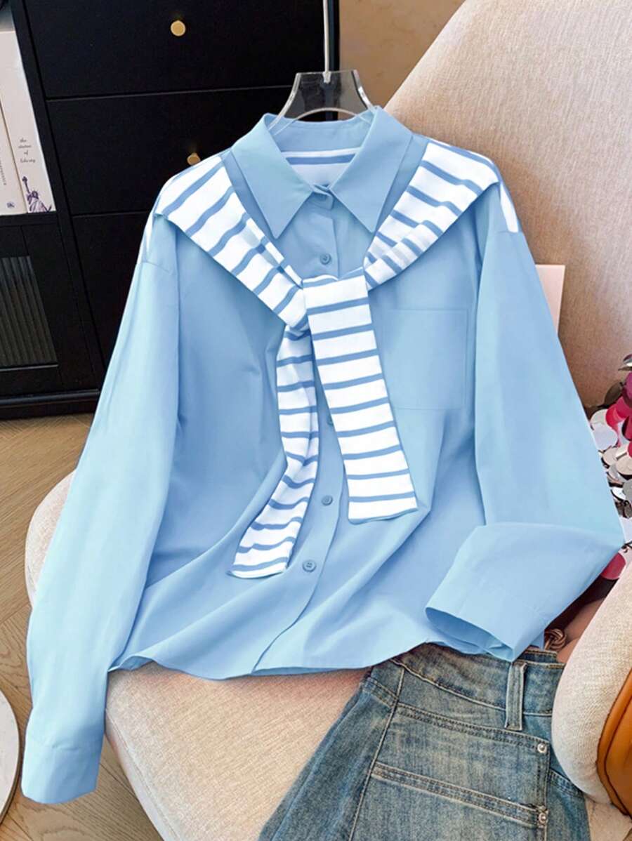 SHEIN Women's Casual Commuter Striped Patchwork Shawl Collar Blouse - Blue - View 1
