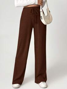 SHEIN Tall Ribbed Knit Knot Front Wide Leg Pants - Brown - View 3