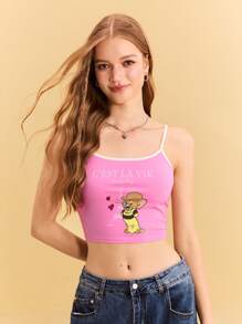 TOM & JERRY X SHEIN Top cropped sin mangas con estampado de ratón de dibujos animados para mujer, verano