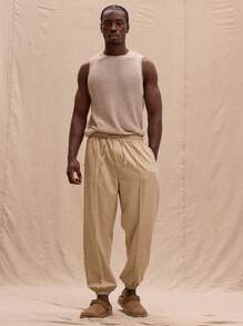 Musero Minimal Embroidered Linen Style Cuffed Joggers Spring Summer Streetstyle Easter Vacation - Apricot - View 1