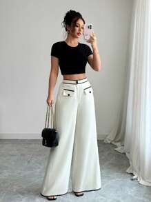 Elenzga Boho Colorblock Ribbon Buttons Loose High Waisted Wide Leg Pants For Women, Elegant & Stylish, Suitable For Spring & Summer Vacation Fall Cloth For Women