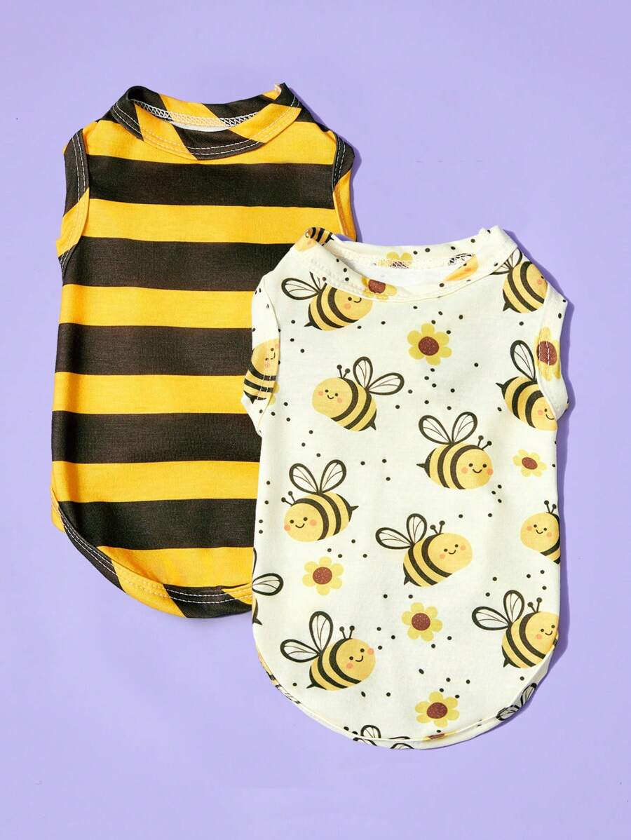PETSIN 2 pezzi Pettorina unisex per animali domestici cane e gatto, a righe gialle con stampa simpatica cartone animato ape, comoda e traspirante