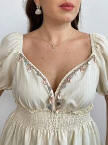 Sunnyshic Plus Size V-Neck Shell Tape Patchwork Cinched Waist Puff Sleeve Blouse