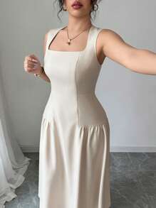 Elenzga Vestido para mujer tallas grandes elegante y sofisticado para oficina/casual/vacaciones con cuello cuadrado, sin mangas y cintura ajustable en forma de A, para primavera/verano