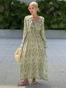 Vacation Beach Boho Ditsy Floral & Plant Print Chiffon Midi Dress With Ruffle Hem And V-Neck,Fall Dress Long Sleeve Dress - Avocado Green - View 3