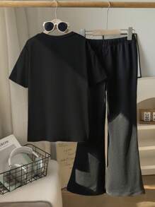 SHEIN 2件套年轻女孩豹纹蝴蝶结樱桃印花圆领短袖T恤和黑色针织紧身喇叭裤套装 - 黑色 - 查看 2