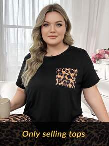 SHEIN Plus Size Czarny Mleczny Jedwabny Top Z Nadrukiem W Panterkę Z Naszytymi Kieszeniami Dzianinowy