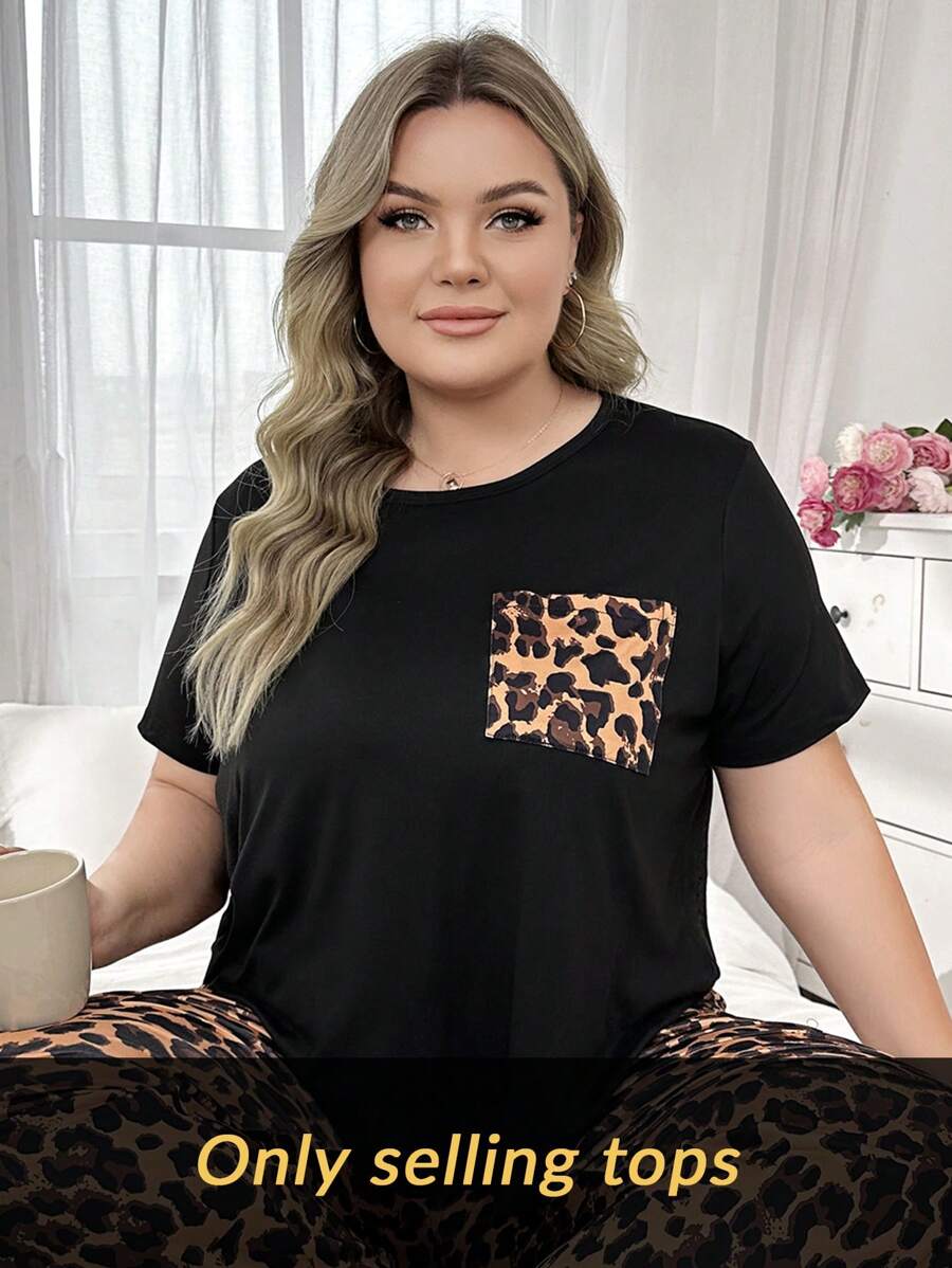 SHEIN Plus Size Czarny Mleczny Jedwabny Top Z Nadrukiem W Panterkę Z Naszytymi Kieszeniami Dzianinowy