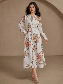DAZY Vestido midi de mujer con estampado floral elegante, vestido de manga larga para primavera/otoño