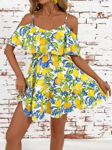 SHEIN Clasi 女士新款时尚优雅露肩花卉水果印花 A 字迷你连衣裙，夏季度假太阳裙 - 彩色 - 查看 4