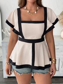 SHEIN LUNE Plus Size Women Square Neck Elegant Work & Daily Mix-Match Crinkle Versatile Blouse, Spring/Summer - Apricot - View 3