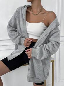 SHEIN Solid Drop Shoulder Zip Up Thermal Hoodie,Long Sleeve Tops Graduation,Back To School Outfits,Graduation,Teacher Outfits For Women,Back To School Pullover Fall Outfit