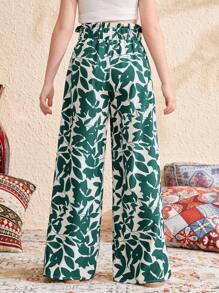 SHEIN Leap Crew Tween Girls' Loose Casual Ruffled Leaf Print High Waist Wide Leg Pants, Resort Wear - Green - View 7