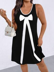 EMERY ROSE 大码女式撞色蝴蝶结装饰休闲简约连衣裙 - 黑與白 - 查看 5