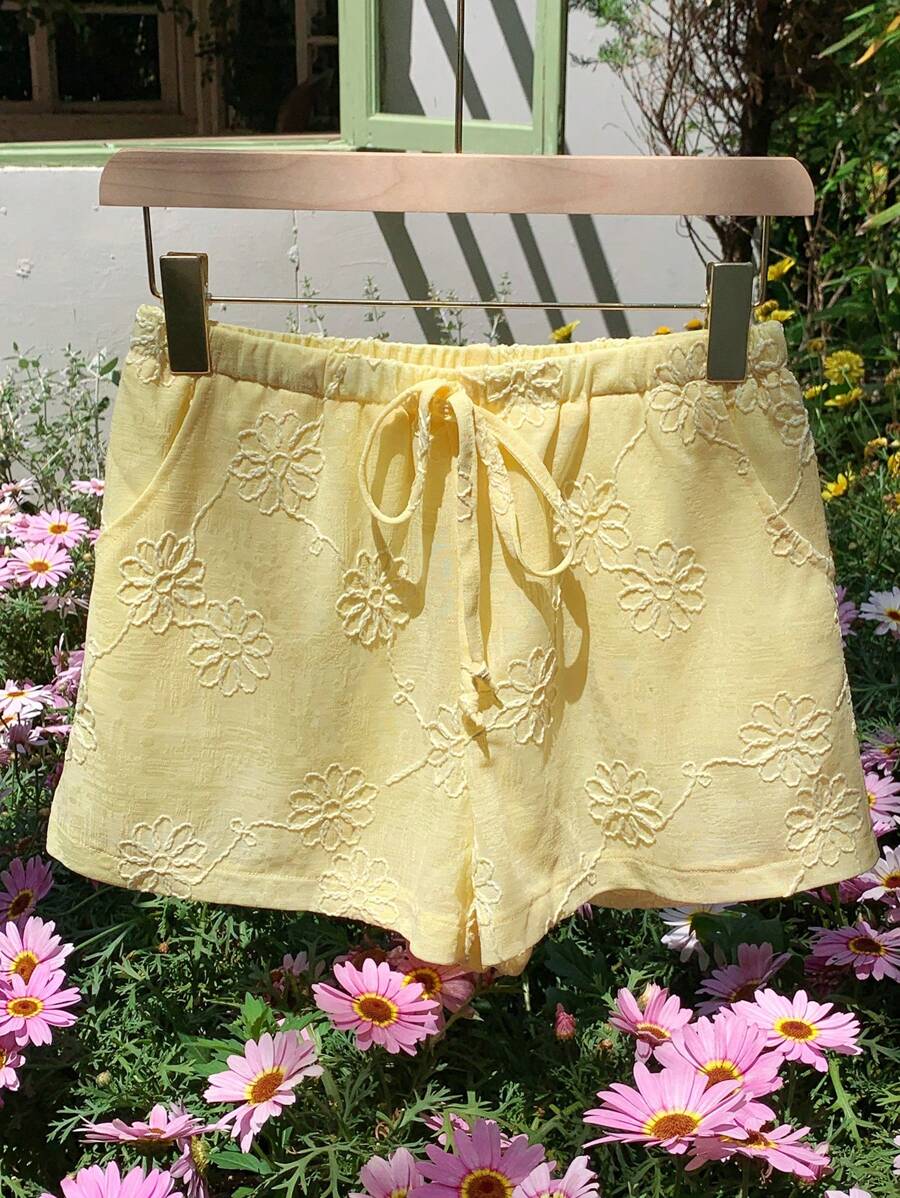 Comfortcana Plus Size Casual Solid Color Romantic Jacquard Drawstring Waist Shorts Yellow Shorts For Women Cute Summer Shorts
