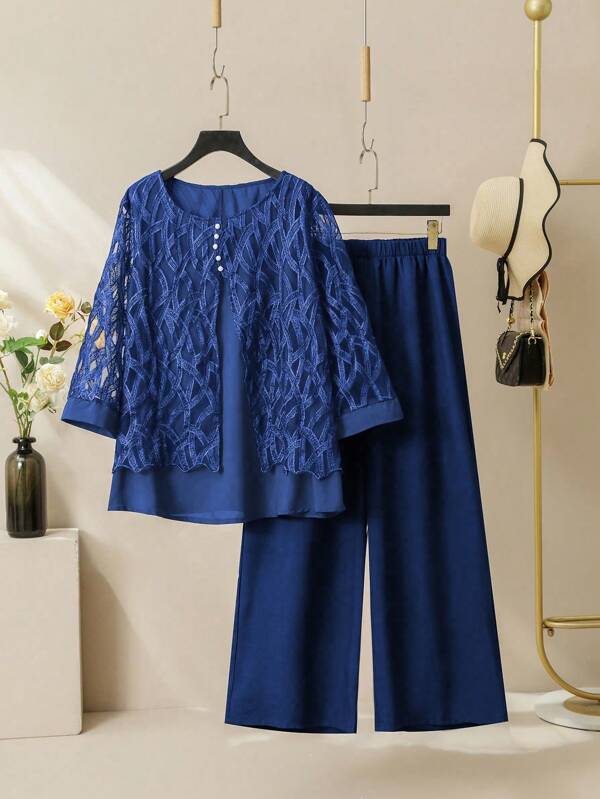 SHEIN Lacomfia 2 pezzi/set Camicia ampia e pantaloni con vita elastica, colletto tondo, manica 3/4 in rete toppe elegante, taglia comoda, adatto per primavera e autunno