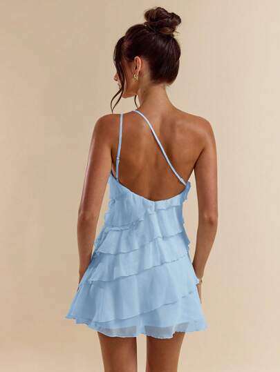 SHEIN BAE Summer Beach Vacation Solid Color Apricot Layered Lotus Leaf Cake Mini Dress, Suitable For Daily Dating, Night Out, Nightclubs, Parties, Get-Togethers, Cocktail Parties, Pool Parties, Back-To-School Season Clothes, School Season Dresses, Holiday Dresses, Music Festival Clothes, Country Music Festival Clothes, Concert Clothes Backless,Valentine's Day,Valentine Outfits For Women