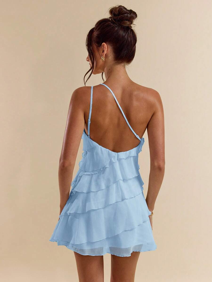 SHEIN BAE 夏季海滩度假纯色杏色分层荷叶蛋糕迷你连衣裙，适合日常约会、夜间外出、夜总会、派对、聚会、鸡尾酒会、泳池派对、返校季服装、学校季连衣裙、节日连衣裙、音乐节服装、乡村音乐节服装、演唱会服装 - 淺藍色 - 查看 1