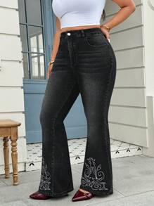 SHEIN ICON Quần Jeans Ống Loe Thêu Thường Ngày - màu đen - Xem 3