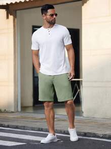 Manfinity BRENVOR Men's Woven Solid Color Mid-Waist Straight Leg Shorts, Casual Shorts For Daily Wear, Suitable For Spring & Summer - Mint Green - View 5