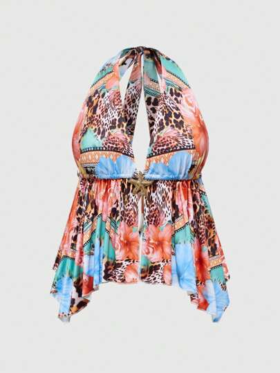 Grunge Punk Top de tirantes finos sin espalda con decoración de colgante con estrella, estampado tropical y talla grande para mujeres, estilo Y2K sexy tipo sujetador