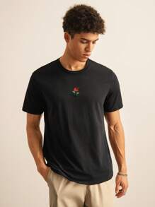 SWAVVY Men Cotton Embroidered Rose Short Sleeve Tee, Fashion, Boyfriend Gift, For Going Out, Summer