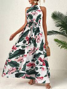 Breezaya 女士度假休闲热带印花挂脖连衣裙 - 白色 - 查看 1
