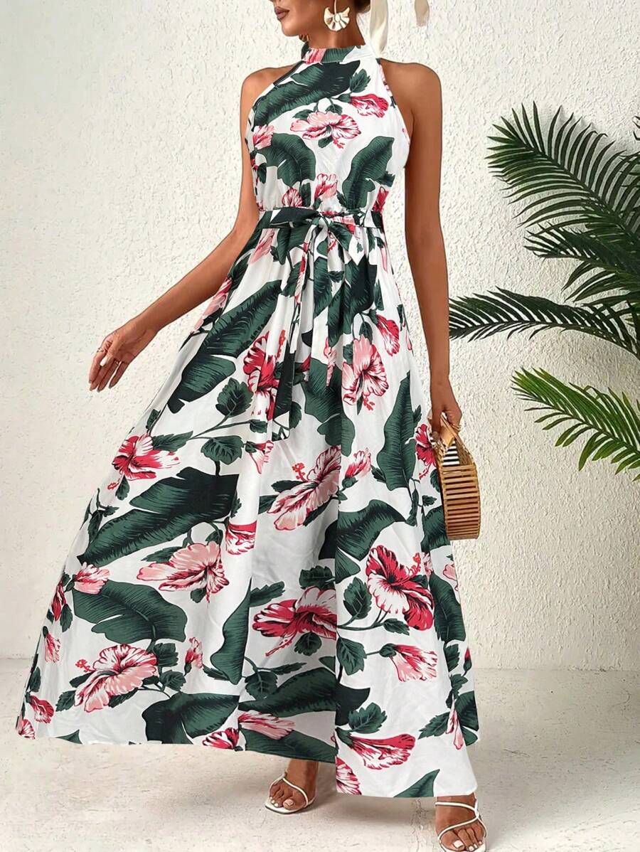 Breezaya 女士度假休闲热带印花挂脖连衣裙 - 白色 - 查看 1