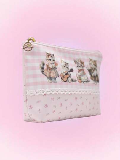 Kawaii Lace Trim Cute Pink Kitty Pattern Large Capacity Portable Women's Cosmetic Bag Transparent Makeup Bag 848303