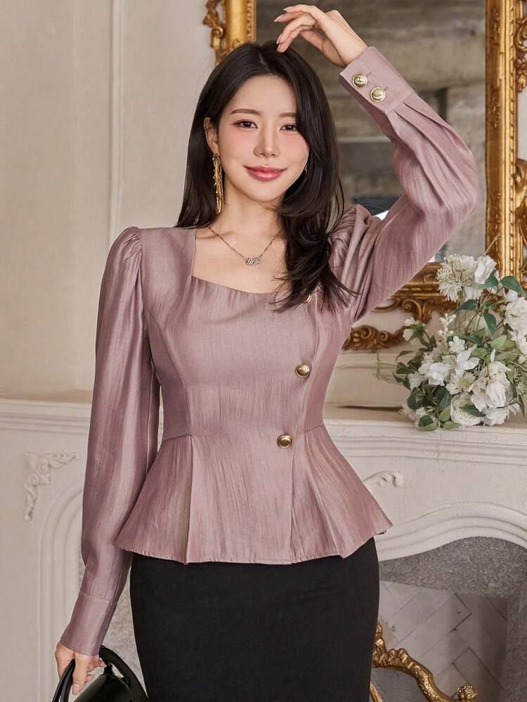 Solid Color Puff Sleeve Asymmetric Women Shirt,Fall Clothes