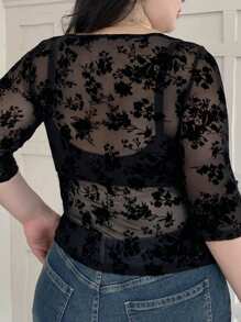 Dazy Plus Blusa ajustada de cuello cuadrado con estampado de flocado para mujer de talla grande, ropa de vuelta al colegio