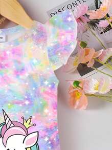 Baby Girl Colorful Tie Dye Unicorn Print Cap Sleeve A-Line Dress, Summer - Multicolor - View 3