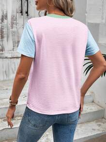 SHEIN LUNE Casual Colorblock Striped Loose Fit Round Neck Short Sleeve Plus Size Women T-Shirt, Summer Woman S Summer Clothes Tee Shirts For Women
