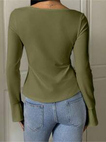 CovetEZ 女士优雅长袖扭纹甜心领T恤，夏季 - 軍綠色 - 查看 2