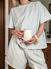 INAWLY Solva 2pcs/Set Women Solid Color Drop Shoulder T-Shirt And Shorts Casual Outfit - Light Grey - View 5