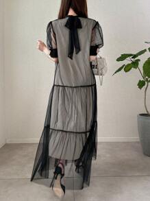 FRIFUL Váy dài hở lưng xếp lớp vải tuyn nhiều lớp họa tiết bánh kem cho kỳ nghỉ của phụ nữ, 2 trong 1 ngọt ngào mùa hè, phù hợp với phụ nữ, lễ tốt nghiệp mùa hè, khách dự tiệc cưới, quần áo phụ nữ, quần áo mùa hè cho phụ nữ, quần áo mùa hè cho phụ nữ, quần áo phụ nữ ngoại cỡ, bộ trang phục mùa hè cho phụ nữ, váy thường ngày cho phụ nữ - màu đen - Xem 6